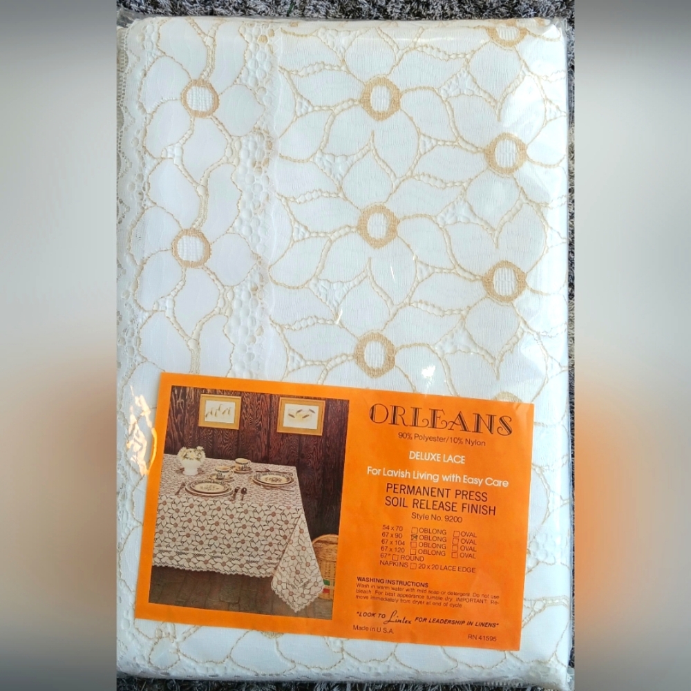 Vintage Orleans Deluxe Lace Floral White W/Gold Stitching Oblong 67x90 Unopened